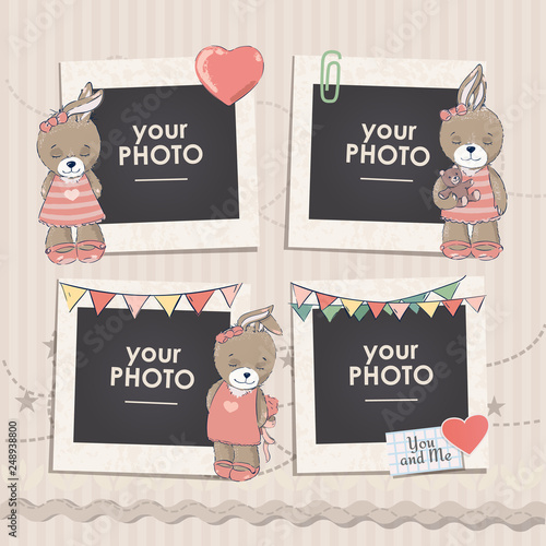 Design photo frames on nice background. Decorative template for baby, family or memories. Scrapbook concept, vector illustration. Birthday