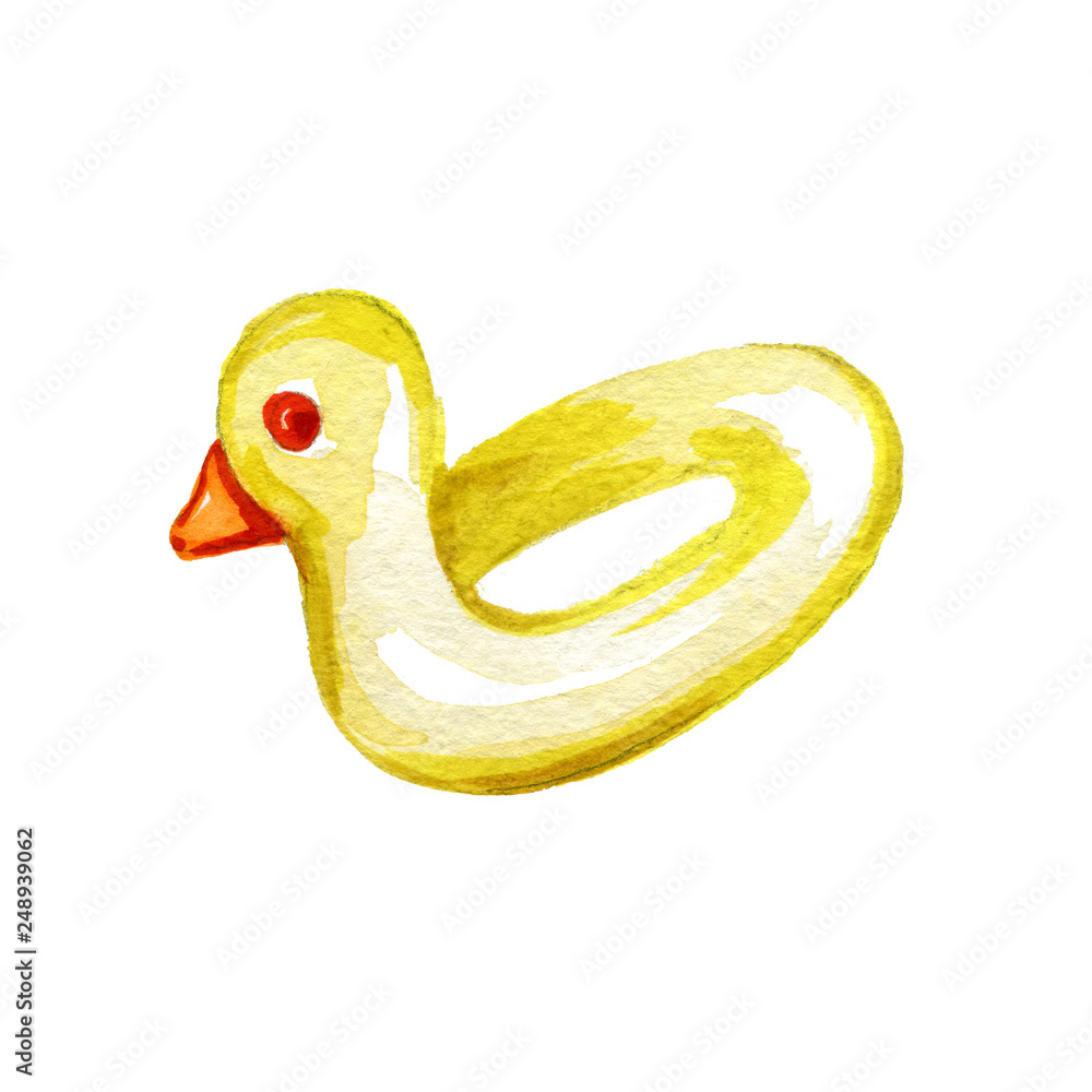 Fototapeta premium Watercolor Drawing Illustration Yellow Duck Inflatable Pool Float on White Background