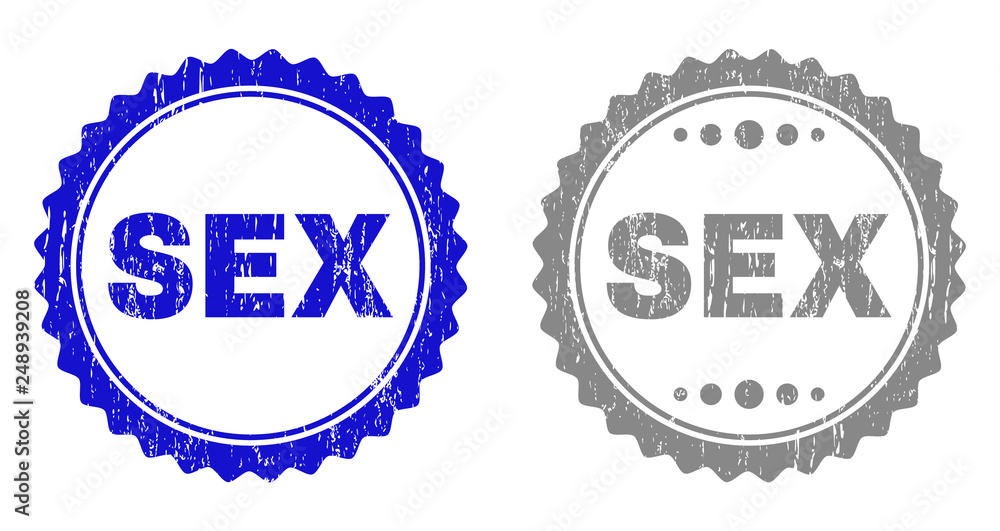 Grunge SEX stamp seals isolated on a white background. Rosette seals with grunge texture in blue and grey colors. Vector rubber stamp imprint of SEX label inside round rosette.