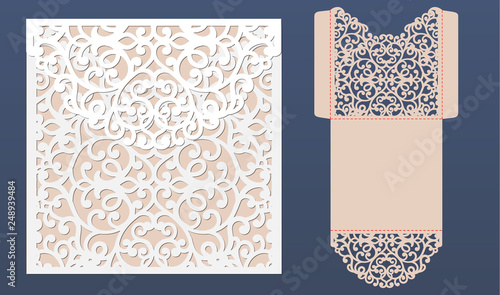 Laser cut wedding invitation card template vector. Pocket envelope with abstract ornament. Open card. Suitable for greeting cards, invitations, menus.