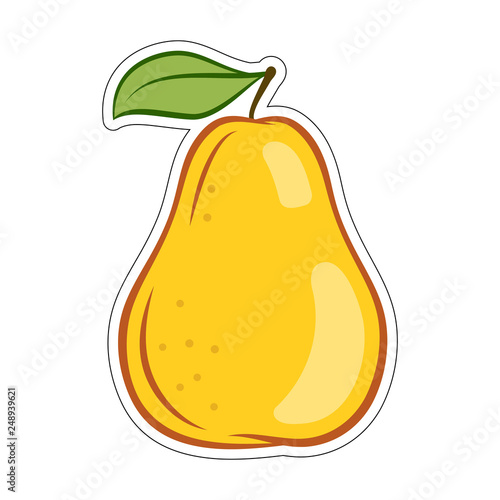 Illustration of Yellow Juicy Stylized Pear with Leaf. Icon for Food Apps and Stickers Isolated on a White Background