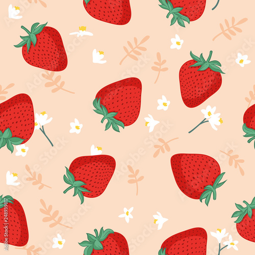 Vector seamless pattern with strawberries, leaves and flowers. Graphic stylized drawing.