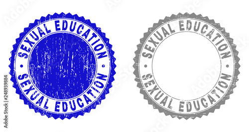 Grunge SEXUAL EDUCATION stamp seals isolated on a white background. Rosette seals with distress texture in blue and gray colors.