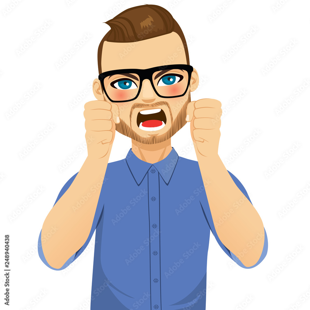 Angry stressed man shaking fists negative emotions face expression concept Angry stressed man shaking fists negative emotions face expression concept