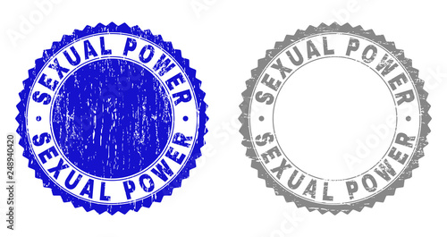 Grunge SEXUAL POWER stamp seals isolated on a white background. Rosette seals with grunge texture in blue and grey colors. Vector rubber stamp imitation of SEXUAL POWER label inside round rosette.