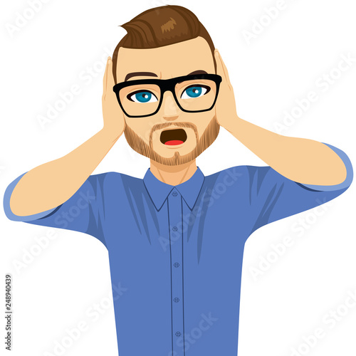 Man covering his ears with hands don't want to hear listen concept gesture