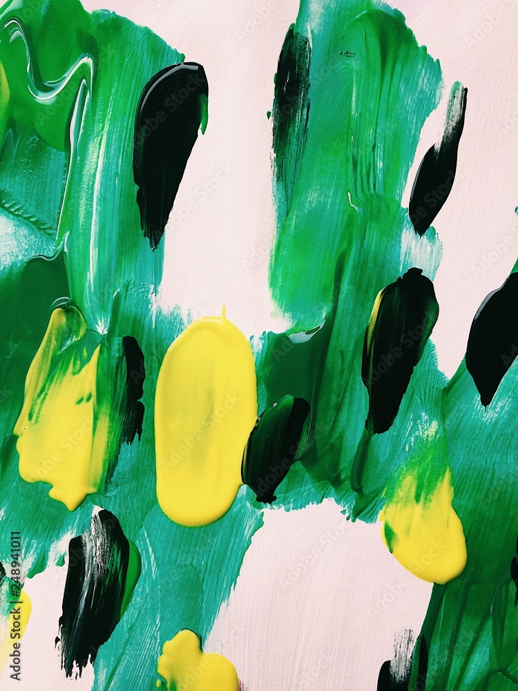Fototapeta bright green white and yellow abstraction with acrylics on canvas. modern Art. beautiful background