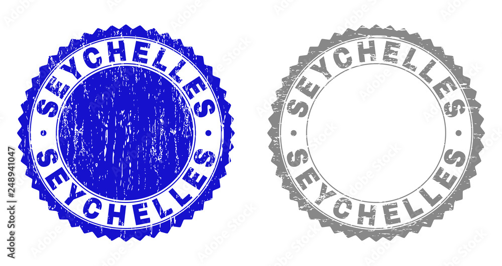 Grunge SEYCHELLES stamp seals isolated on a white background. Rosette seals with distress texture in blue and gray colors. Vector rubber stamp imprint of SEYCHELLES tag inside round rosette. Grunge SEYCHELLES stamp seals isolated on a white background. Rosette seals with distress texture in blue and gray colors. Vector rubber stamp imprint of SEYCHELLES tag inside round rosette.