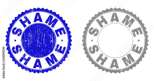 Grunge SHAME stamp seals isolated on a white background. Rosette seals with grunge texture in blue and gray colors. Vector rubber stamp imprint of SHAME tag inside round rosette.