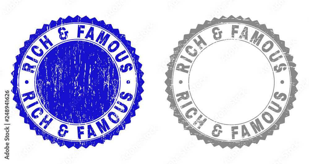 Obraz premium Grunge RICH & FAMOUS stamp seals isolated on a white background. Rosette seals with grunge texture in blue and gray colors. Vector rubber stamp imitation of RICH & FAMOUS title inside round rosette.