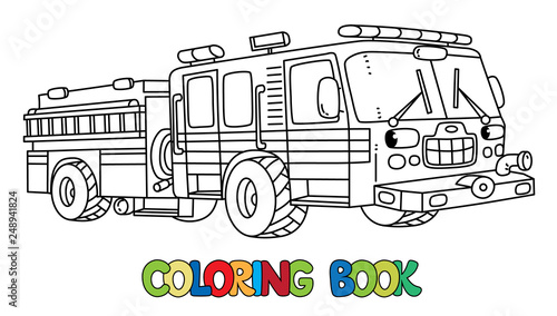 Fire truck or fire engine with eyes Coloring book