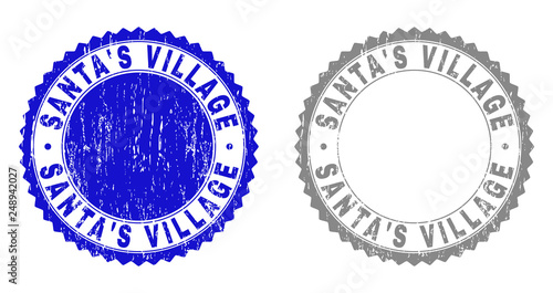 Grunge SANTA'S VILLAGE stamp seals isolated on a white background. Rosette seals with distress texture in blue and gray colors.