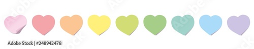 Sticky notes, heart shaped, rainbow colored line. Isolated vector illustration on white background.