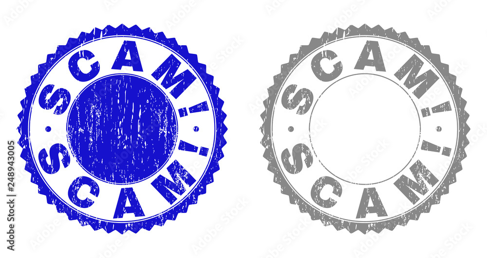 Grunge SCAM! stamp seals isolated on a white background. Rosette seals with grunge texture in blue and gray colors. Vector rubber overlay of SCAM! text inside round rosette. Grunge SCAM! stamp seals isolated on a white background. Rosette seals with grunge texture in blue and gray colors. Vector rubber overlay of SCAM! text inside round rosette.