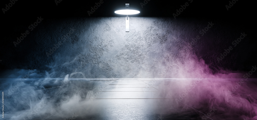 Obraz premium Sci Fi Neon Futuristic Modern Smoke Fog Concrete Grunge Reflective Light Spot Studio Stage Dance Club Vibrant 3D Rendering