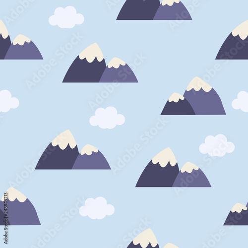 Blue mountains seamless pattern. Vector background for hiking and outdoor concept. Mountains ridges in cartoon style. Seamless background. Perfect for fabric  kid room decoration