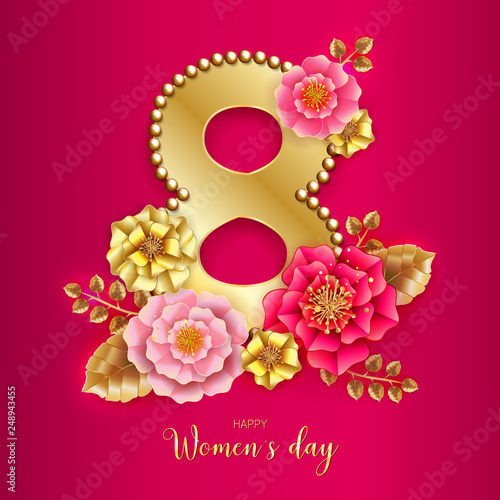 8 March. Pink Floral Greeting card. International Happy Women's Day.