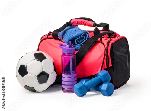 Sports bag with sports equipment isolated