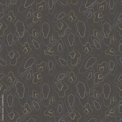 Vector illustration of marble clouds and leaves outlines. Seamless pattern texture background - natural olive green, khaki, ochre, yellow and light pink color - smooth surface