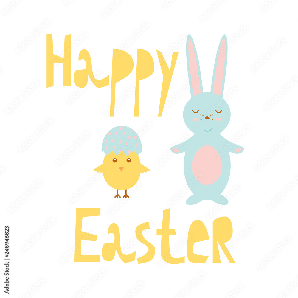 Happy Easter greeting card template with bunny and chick, design vector illustration in flat style. Happy Easter greeting card template with bunny and chick, design vector illustration in flat style.