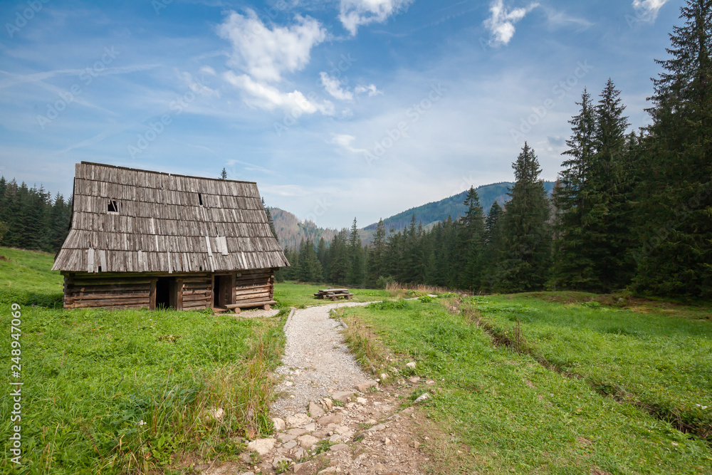 Wooden thatch over mountains walkway scenery