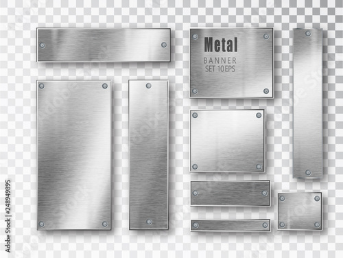 Metal banners set realistic. Vector Metal brushed plates with a place for inscriptions isolated on transparent background. Realistic 3D design. Stainless steel background.