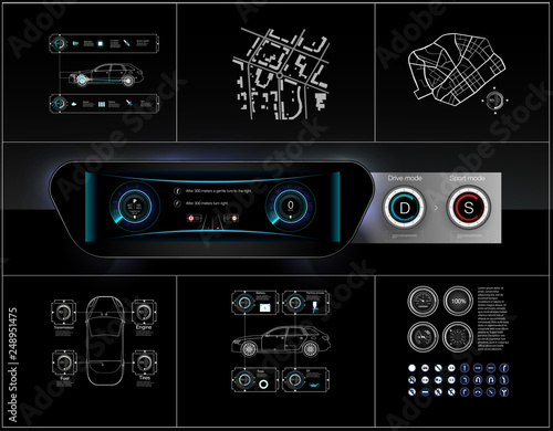 Template-sample car dashboard and the principle of switching modes selector automatic transmission. Black style. The style of the future. Vector image.