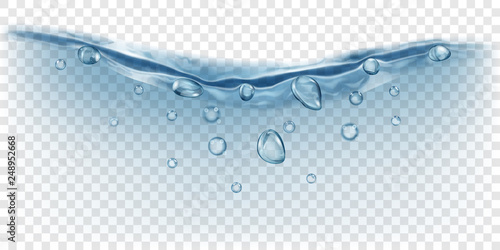 Translucent water wave in gray colors with air bubbles and drops, isolated on transparent background. Transparency only in vector file
