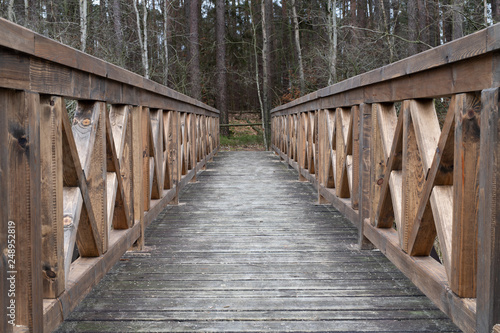 A solid wooden bridge over the forested wetlands. Forest reserve of forest bogs. © Piotr