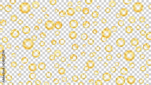 Translucent bubbles or water drops of different sizes in yellow colors on transparent background. Transparency only in vector format