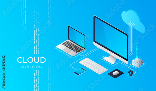 Wallpaper Mural Cloud computing technology users network configuration isometric advertisement poster with pc monitor tablet phone laptop vector illustration Torontodigital.ca