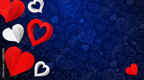Background with paper volume hearts, white and red on blue
