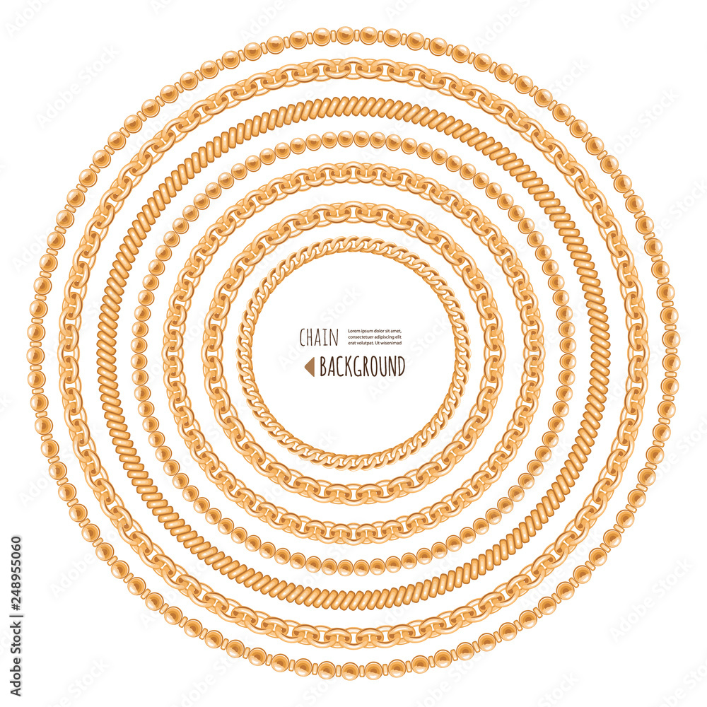 Obraz premium Gold chains round frame template isolated on white. Jewelry trendy print. Decorative design elements. Vector