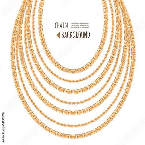 Gold chains necklace abstract background. Jewelry trendy template. Decorative design elements. Can be used for clothes print.