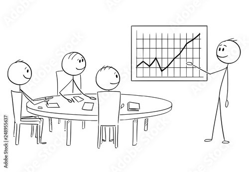 Cartoon stick figure drawing conceptual illustration of businessman presenting graph with good or great financial results on business or work meeting.