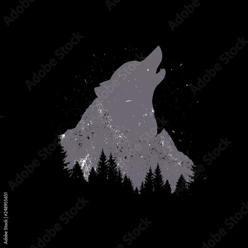 Wolf Howl Mountain Distress Forest Trees Landscape Logo Vector