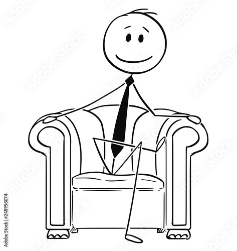 Cartoon stick figure drawing conceptual illustration of successful businessman sitting in chesterfield club chair with legs crossed.