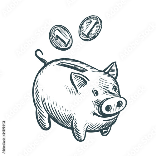 Piggy bank and coins, sketch. Business, banking concept. Hand drawn vector illustration
