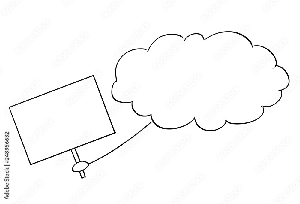 Cartoon stick figure conceptual drawing of cloud from sky holding empty sign as message or proclamation for mankind of god or creator. It is ready for your text. Cartoon stick figure conceptual drawing of cloud from sky holding empty sign as message or proclamation for mankind of god or creator. It is ready for your text.