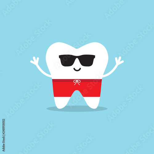 Happy healthy tooth in sunglasses and swimming trunks.