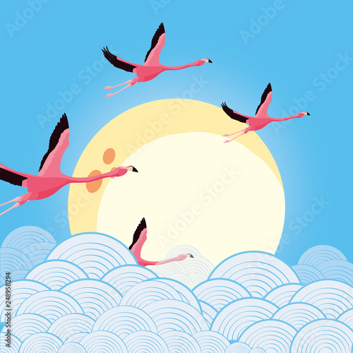 flying tropical flamingo
