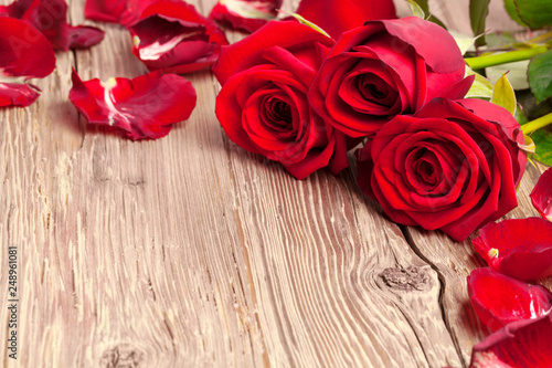 Rote Rosen mit Rosenblättern auf rustikalem Holz Hintergrund