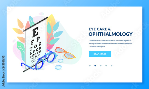 Vision diagnostics test. Ophthalmology exam and eye care vector isometric illustration. Landing page banner design