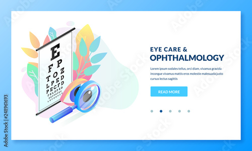 Ophthalmology diagnostics and eye test concept. Vector isometric gradient illustration. Landing page banner design