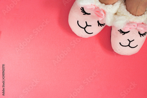 feet female wearing cute sleeping pink lama trendy slippers soft pastel pink and coral colours on empty backgroundTop view Soft comfortable slippers, bath