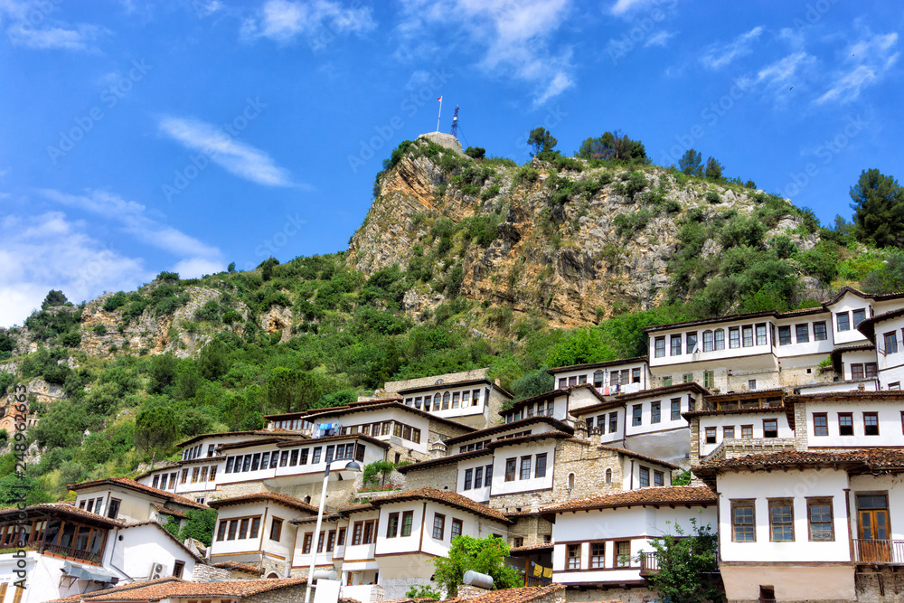 Houses in the hills in Berat, Albania.