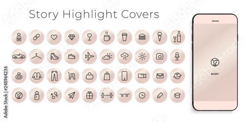 Instagram Highlights Stories Covers line Icons. Perfect for bloggers. Set of 40 highlights covers. Fully editable vector file
