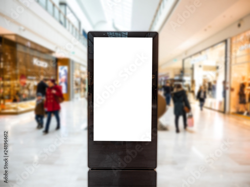 Digital media blank black and white screen modern panel, signboard for advertisement design in a shopping centre, gallery. Mockup, mock-up, mock up with blurred background, digital kiosk.