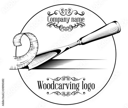 Woodcarving logotype Illustration with a chisel, cutting a wood slice, vintage style logo, black and white isolated engraving