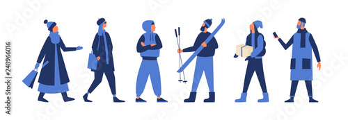 Set of people in blue outerwear on white isolated background. A group of characters in warm seasonal clothes. Vector illustration in flat style.